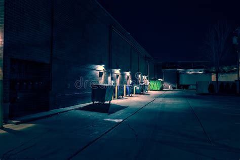 Dark Industrial Urban City Street Corner With Trash And Garbage Stock