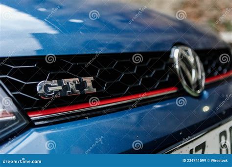 Closeup Of Gti Vw Volkswagen Logo On A Blue Car Editorial Stock Image
