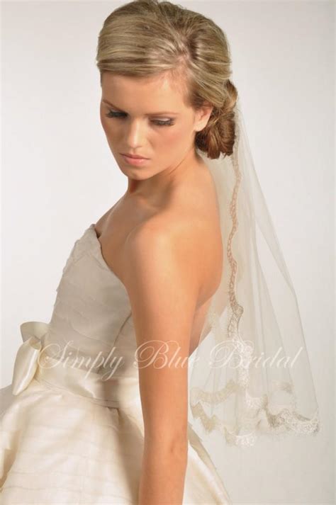 Lace Trim Elbow Length Veil With Alencon Lace Edge Ready To Ship