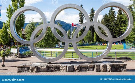 Olympic Rings In Front Of The Canadian Flag Editorial Stock Image