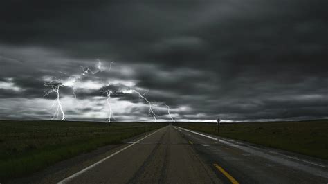 Nature Landscape Road Storm Lightning Sky Clouds Field Long