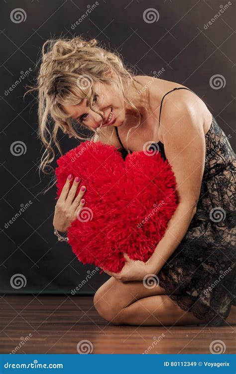 Mature Woman Hug Big Red Heart Stock Image Image Of Glamour Fashion 80112349