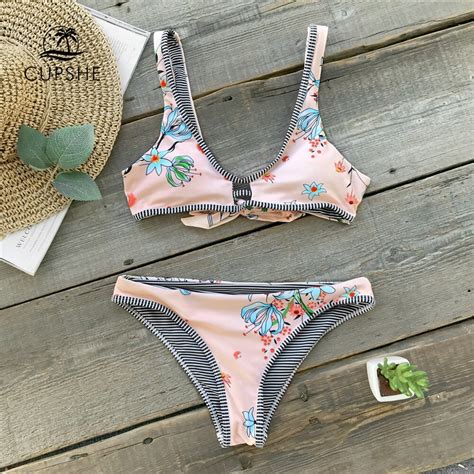 Buy Cupshe Pink Flora Print Reversible Bikini Sets Women Bowknot Striped Thong