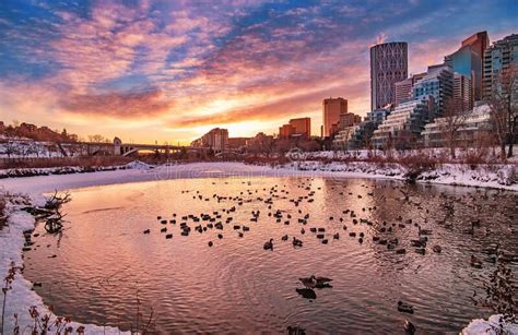 Vivid Sunrise Over A Downtown Calgary Winter Park Stock Photo Image