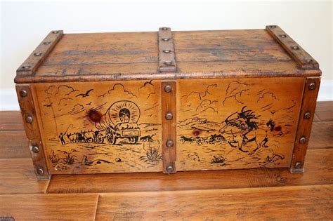 Vintage Cowboy And Indian Western Toy Box Wood Wooden Chest Trunk W