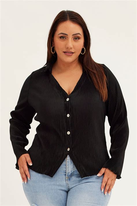 Black Plisse Shirt Long Sleeve V Neck Button Up You All