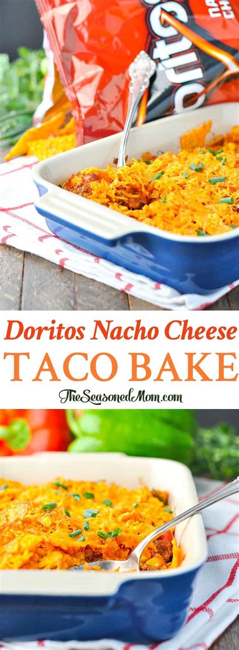 This velveeta nacho bake is hearty with salsa, sour cream and ground beef—all covered with a topping of cheesy crushed tortilla chips. Doritos Nacho Cheese Taco Bake - The Seasoned Mom