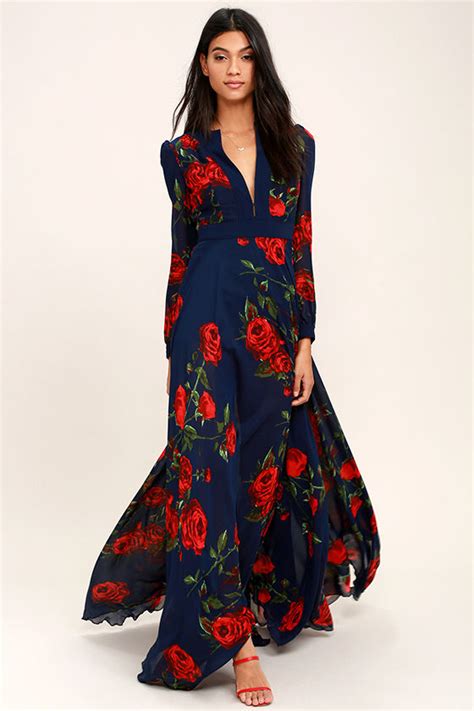Stunning Floral Print Dress Red And Navy Blue Maxi Dress Long Sleeve Maxi Dress 13400