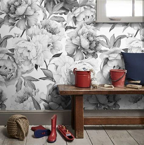 Peony Peel And Stick Floral Gray Wallpaper Peonies Wall Etsy Peony