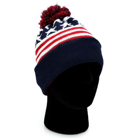 Usa Beanie Pom Pom Winter Knit Hat Cap American Flag Starblackred You Can Find More