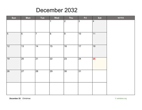 December 2032 Calendar With Notes