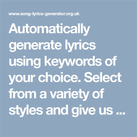 About random song generator tool. Automatically generate lyrics using keywords of your choice. Select from a variety of styles and ...