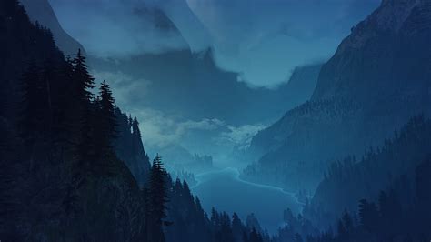 Hd Wallpaper Body Of Water Between Two Mountains Illustration Forest
