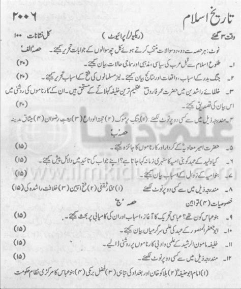 Past Paper Karachi Board Th Class Islamic History Subjective Urdu Medium