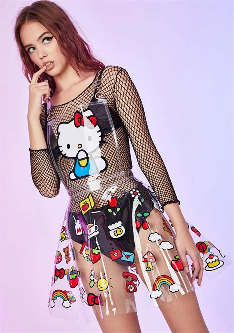 Dolls Kill Hello Kitty Graphic Clear Pinafore Overall Mini Dress Kawaii Punk Dolls Kill