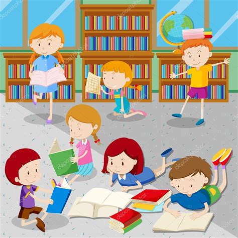 Students Reading Books In Library — Stock Vector © Blueringmedia 120352864