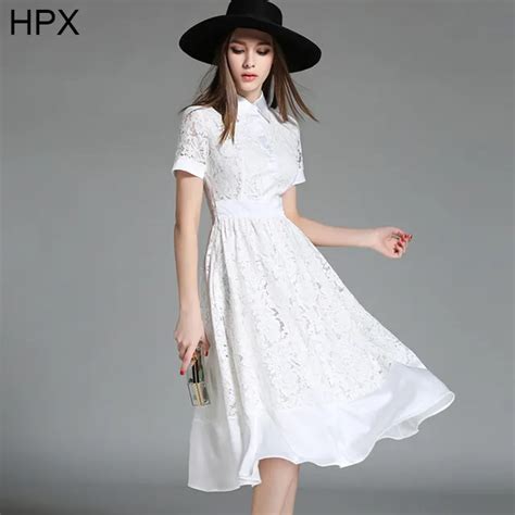 White Lace Knee Length Dress 2016 Spring Autumn New Women High Waist