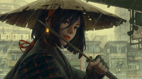 Japanese Warrior In Rain Wallpaper Hd Fantasy 4k