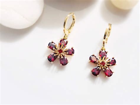 Garnet Flower Dangle Earrings In 14k Gold Red Garnet Flower Etsy