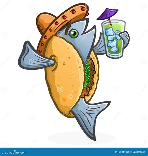 Fish Taco Cartoon Character Holding A Tropical Drink Stock Vector