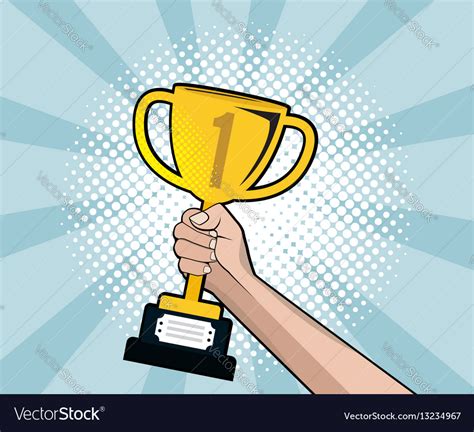 Abstract Hand Holding Gold Trophy With Half Tone Vector Image