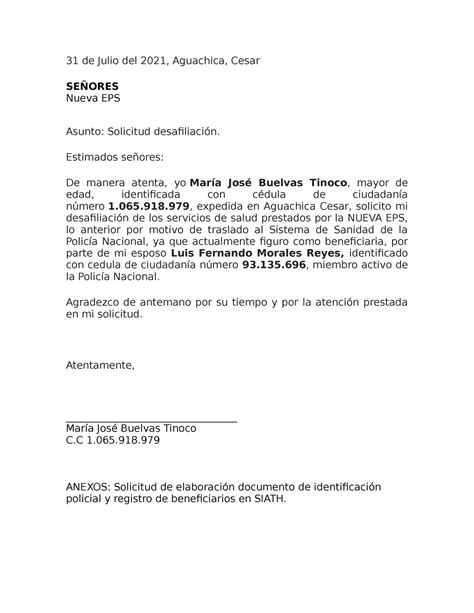 Carta Desafiliación Eps 31 De Julio Del 2021 Aguachica Cesar