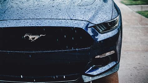 Hd Wallpaper Wet Black Car Rain Raindrops Headlamp Ford Mustang