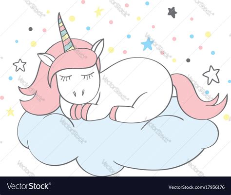 Funny Cartoon Unicorn Character Sleeping On Cloud Vector Image