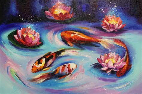 Koi Fish Painting Japanese Carp Wall Art Pond Fish Oil Etsy