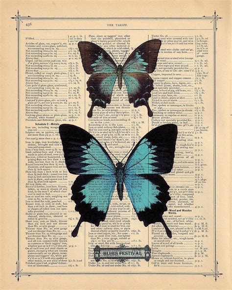Antique Blue Butterfly Print On Antique Book Page Vintage Dictionary
