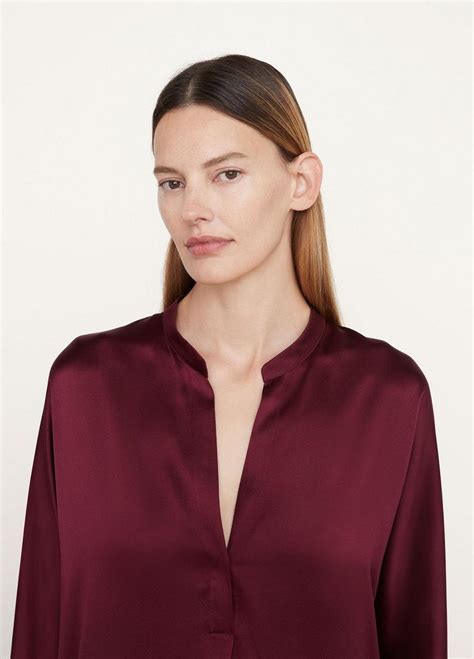 Vince Silk Band Collar Long Sleeve Blouse In Plum Wine Vince Unfold