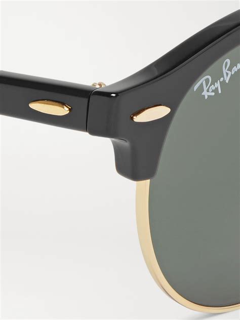 Black Clubmaster Round Frame Acetate And Gold Tone Polarised Sunglasses