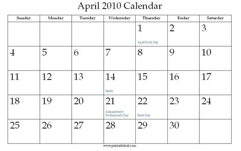 April 2010 Printable Calendar Printable Hub