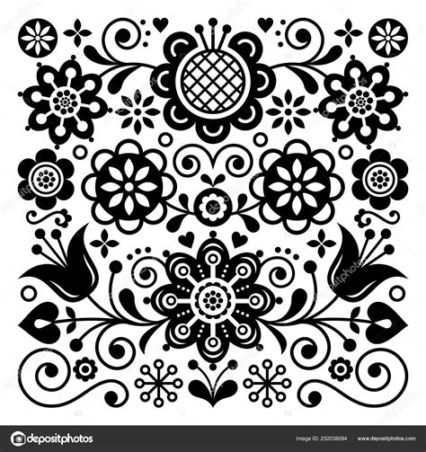 Folk Art Retro Vector Pattern Scandinavian Floral Ornament Design