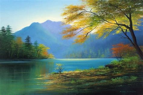 A Painting Of A Lake Surrounded By Trees