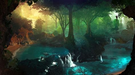 2560x1440 Fantasy Landscape Forest Waterfall Stream Trees Rocks