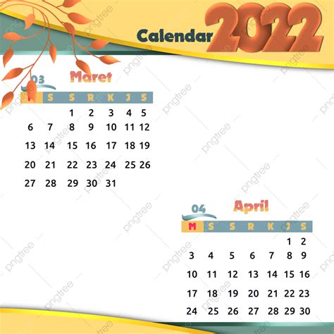 Kalender Tahun 2022 Dengan Elemen Daun Berwarna Kuning Hijau Maret