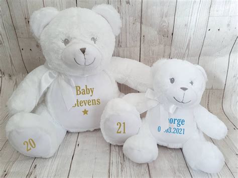 Personalised New Baby Teddy Bear Soft Toy Pink Blue White Gift Etsy