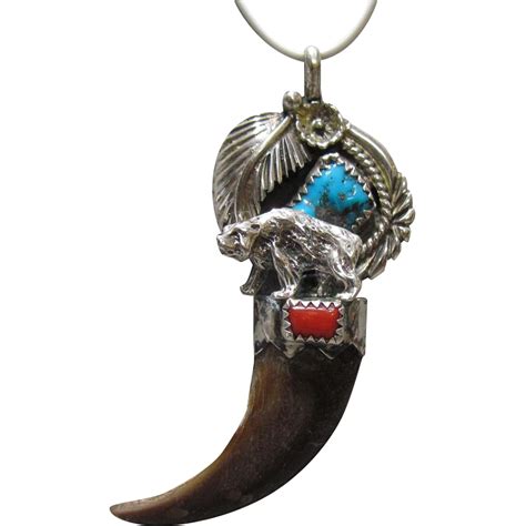 Navajo Sterling Turquoise Coral Bear Claw Pendant Turquoise