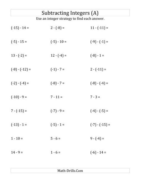 Subtracting Positive And Negative Numbers Free Worksheets