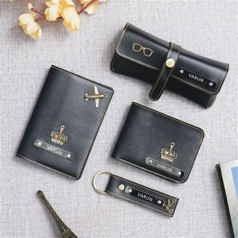 Leather Printed With Name Black Eyewear Wallet Key Chain Passport Combo