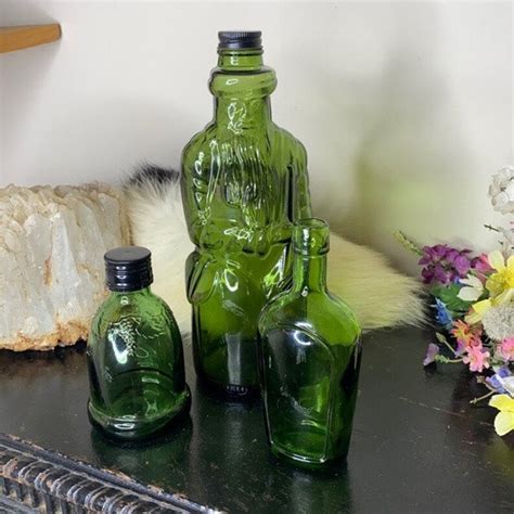 vintage green bottle collection decorative green glass bottles set of 3 etsy