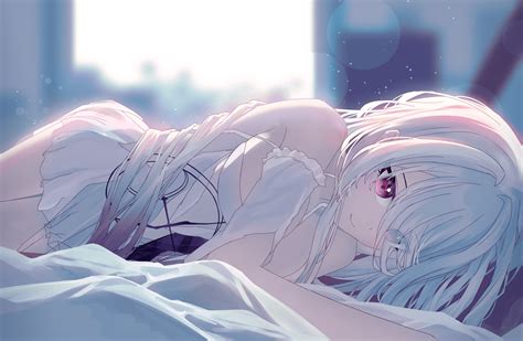 Bed Breasts Cleavage Close Dress Long Hair Red Eyes Tagme Artist Tagme Character White Hair