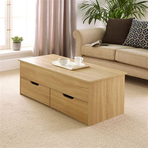 Oak Wooden Coffee Table With Lift Up Top And 2 Large Storage Drawers