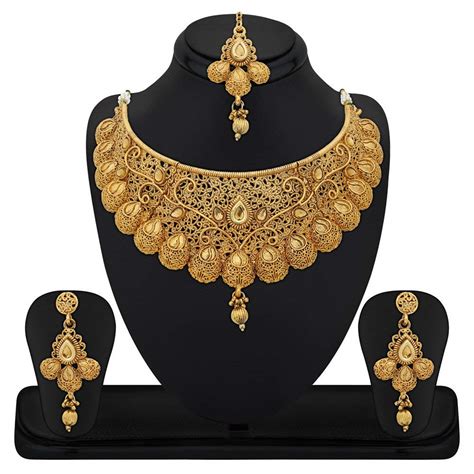 lct gold plated wedding jewellery pearl choker necklace set combo for women crinj301 vastra