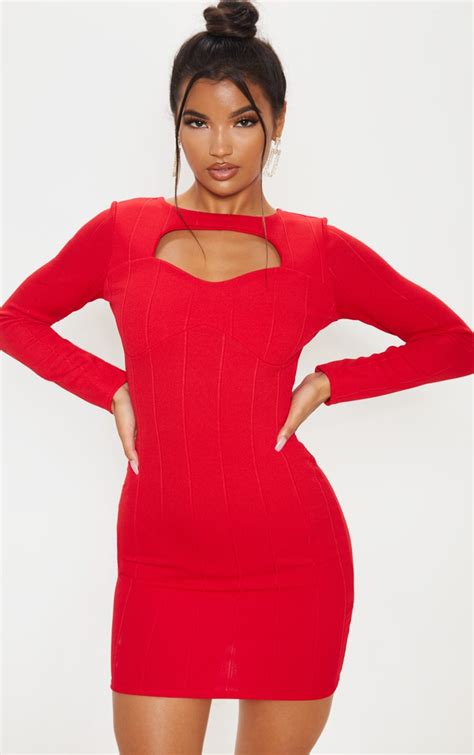 red bandage rib cut out detail bodycon dress prettylittlething usa