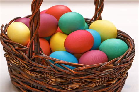 Many Easter Colored Eggs In The Basket Closeup Stock Photo Download