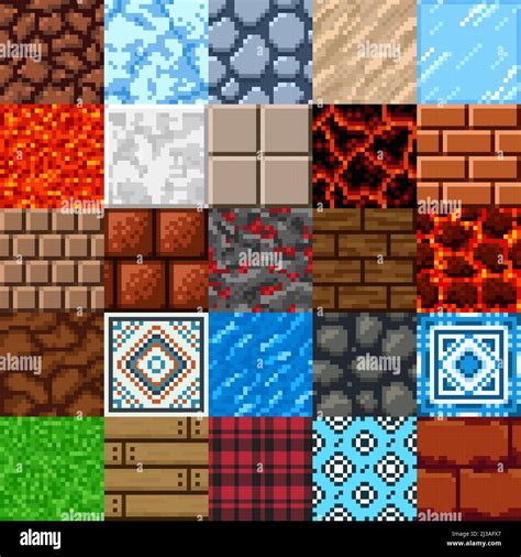 Retro Bit Pixel Art Game Surface Patterns Set Vector Stone Ground