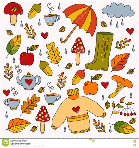 Photo About Hand Drawn Doodles With Different Autumn Fall Symbols Cute