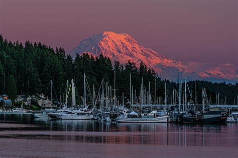 Mount Rainier Alpenglow And Gig Harbor Photograph By Rebbecca Peterson